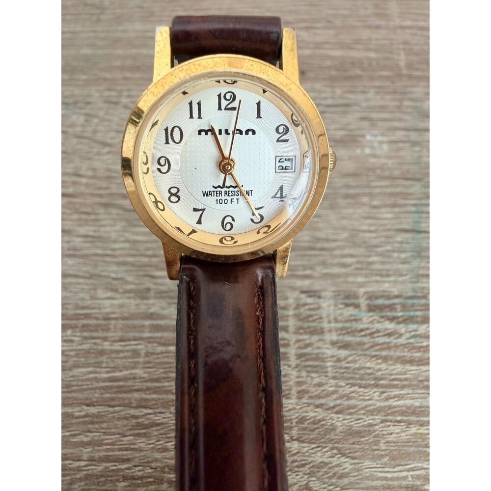 Vintage Milan Quartz Watch Gold Tone Brown Leather Band Date Japan Movement Vin